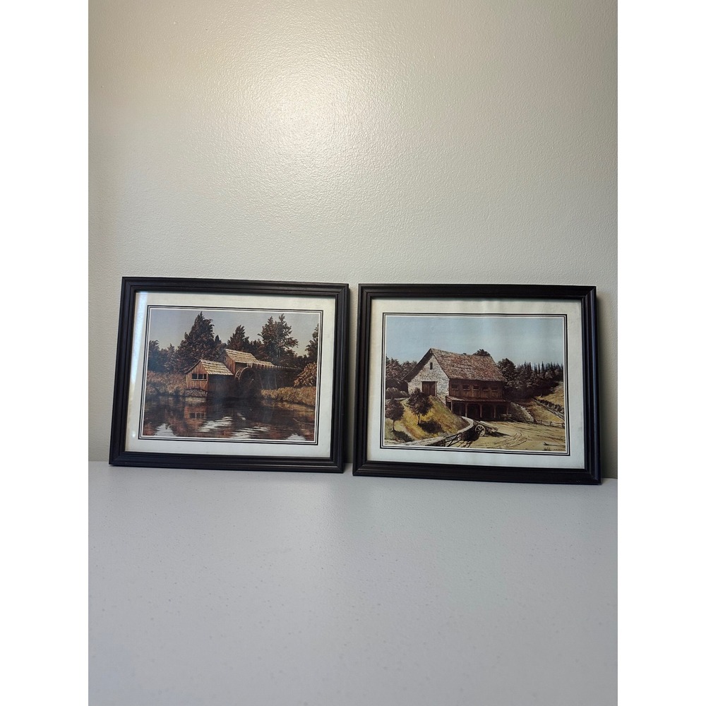 Vintage D.A. Gable Framed Prints Set of 2 Rustic Water Mill Stone Barn Landscape